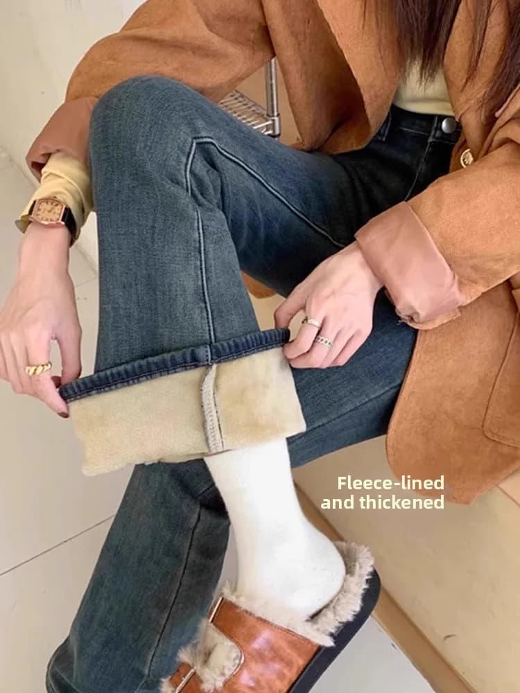 High Waist Thickened Fleece Lined Micro Flared Jeans Women's Winter Vintage Slimming Floor Length Hoof Pants