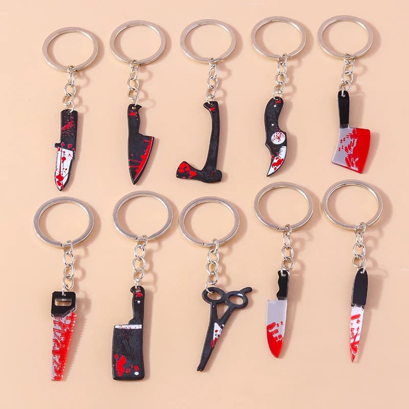 Aihua Resin Halloween Imitation Bloody Knife Keychain Scissors Axe Saw Keyring for Halloween Night Party Jewelry Gifts