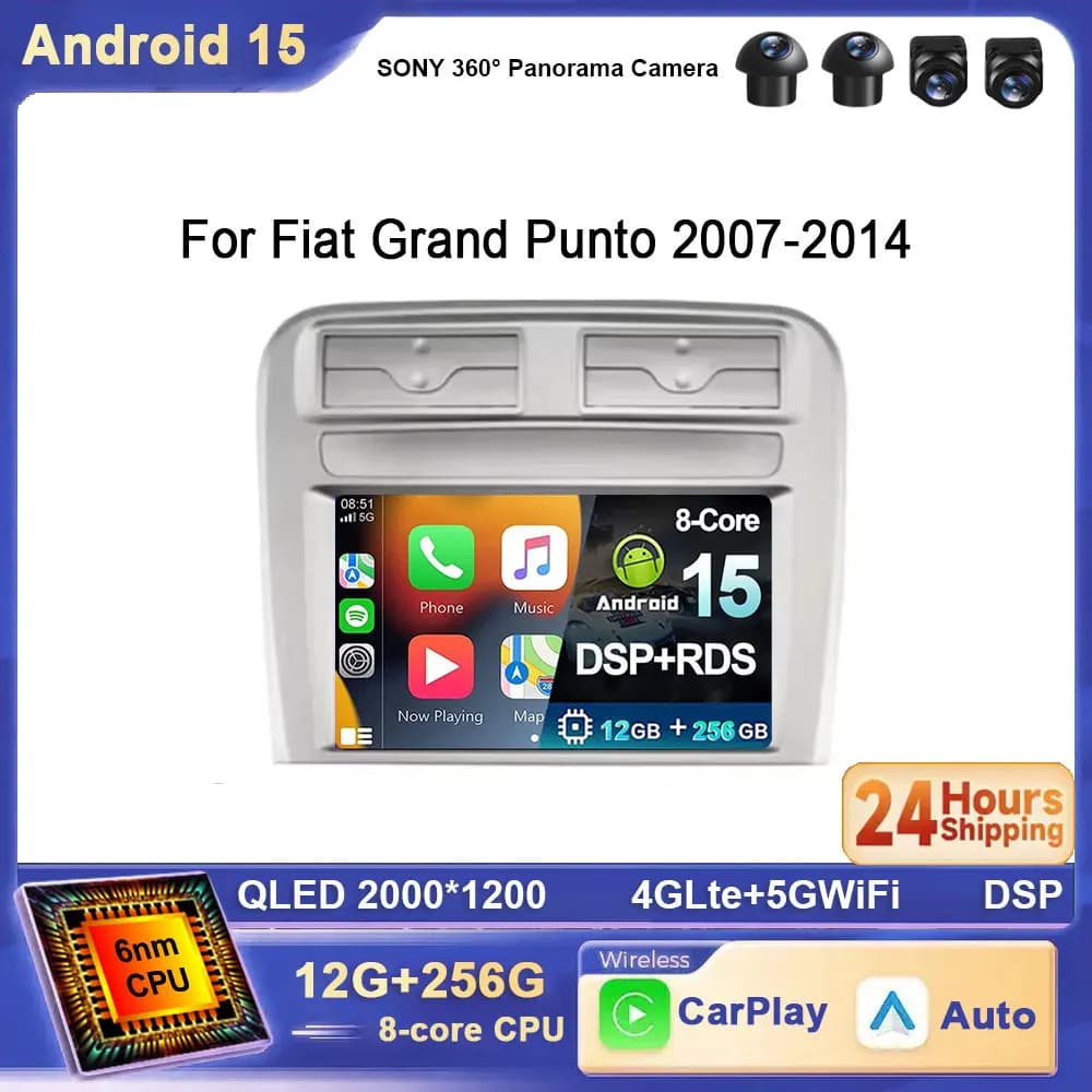 Per Fiat Grand Punto 2007-2014 Android 15 2K QLED Autoradio Multimediale Lettore Video Navigazione GPS Auto 4G Carplay Touch Screen
