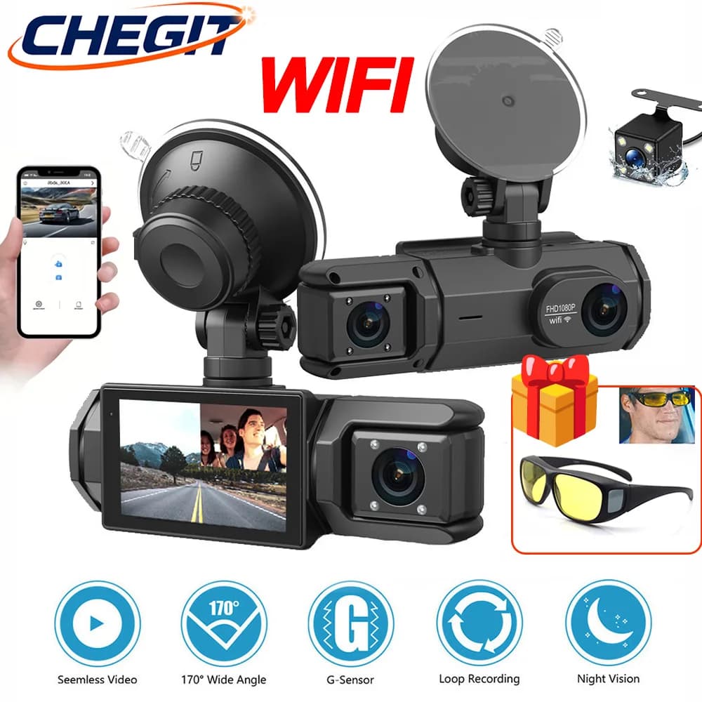 Dash Cam APP WIFI to 3 channels for car VCR 1080P 2/3 LENS Front camera/rear Dashcam black box DVR for car with gift glass