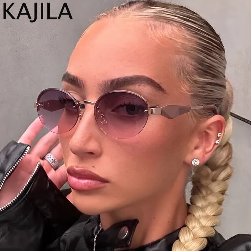 Vintage Rimless Oval Sunglasses Women 2026 Luxury Brand Trendy Driving Punk Sun Glasses Classic Frameless Gradient Shades UV400