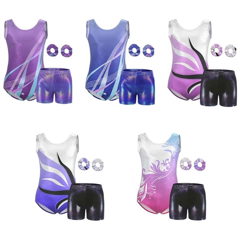 Leotards for Girls Gymnastics Kids Shiny Colorful SleevelessTank with Shorts Hairband for Back To School Gymnastics Practice