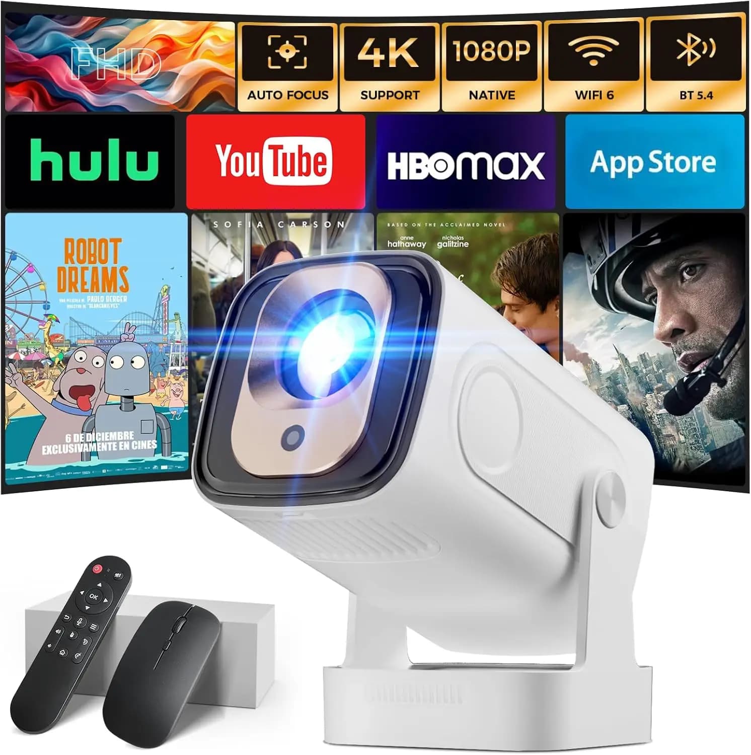 Proiettore Nativo 1080P con Autofocus, WiFi 6, Bluetooth 5.4, Mini Portatile, Compatibile con HDMI/TV Stick/Laptop