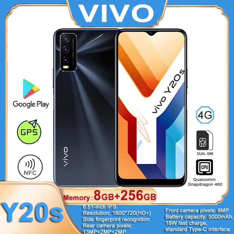 VIVO Y20S 4G Dual-SIM Dual-Standby, Schermo da 6,51 Pollici, Tripla Fotocamera Posteriore 13MP+2MP+2MP, Frontale 8MP, 8GB+256GB, Batteria 5000mAh, Supporto Funzione NFC