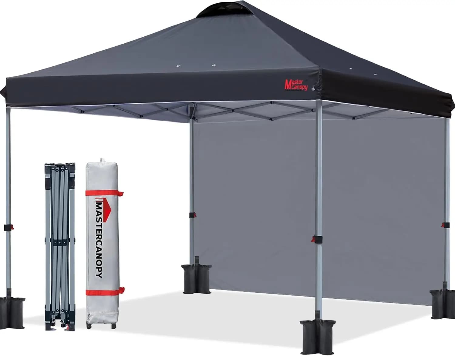 MASTERCANOPY 10x10 Durable Pop Up Canopy Tent with 1 Sidewall, Black | 1-Person Setup, Durable Frame, UPF50+ Water Resistant, Instant Shelter, 3 Height Adjust, Roller Bag, Beach,/Camping/Market