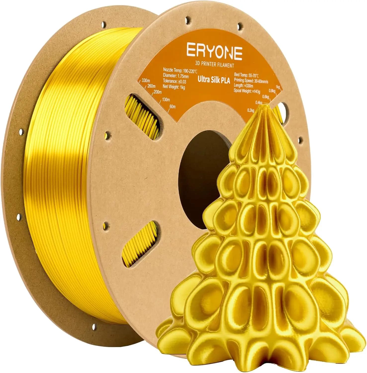 Silk PLA+ Filament 1.75mm, Glossy Finish for FDM Printers, 1kg Spool, Light Gold