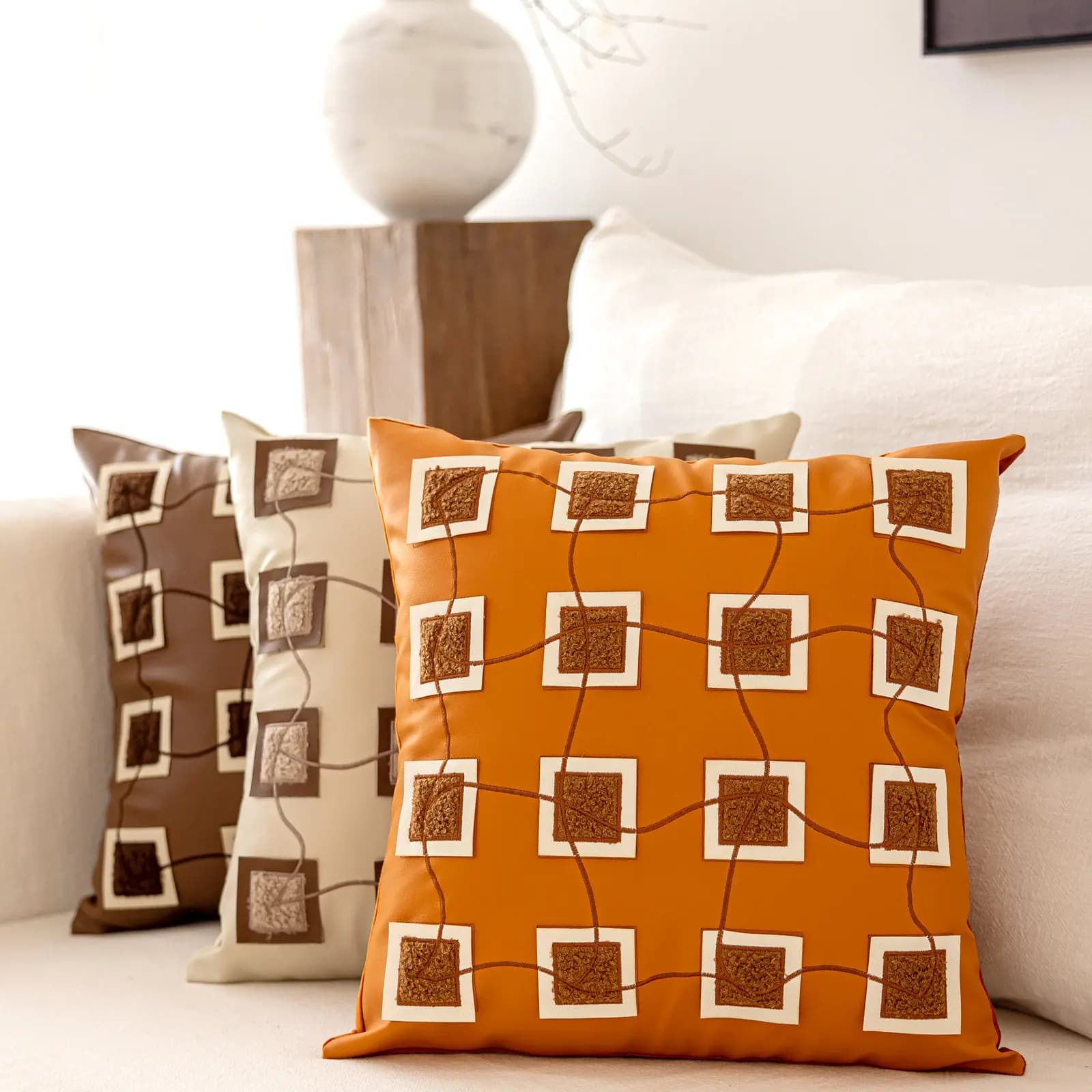 45X45CM Modern Orange Throw Pillow Cover Plaid Leather Stamping Waist Cushion Cover Decor Home Decorative Pillowcase