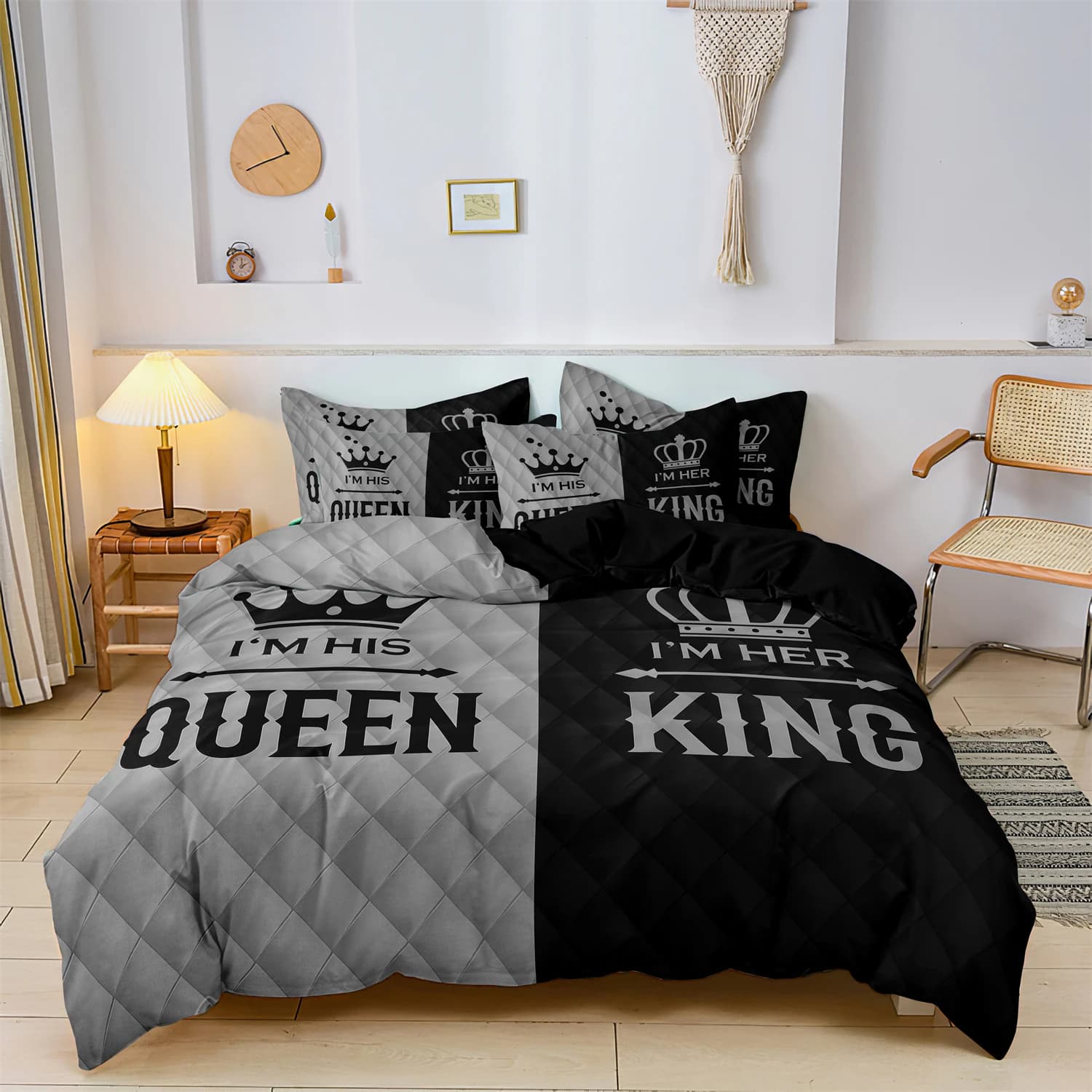 3 Pcs King Queen Couple Bedding Set, Pink Black Crown Print Duvet Cover Set, Soft Microfiber Quilt Cover with Pillowcases