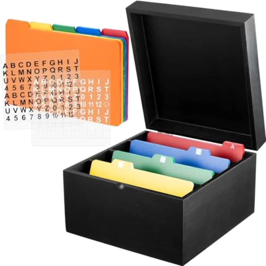 Set Porta Carte Inde in Bambù con 0 Divisori e 2 Fogli di Adesivi Alfabetici e Numerici, Porta Documenti e Note, Contiene 1200 Carte