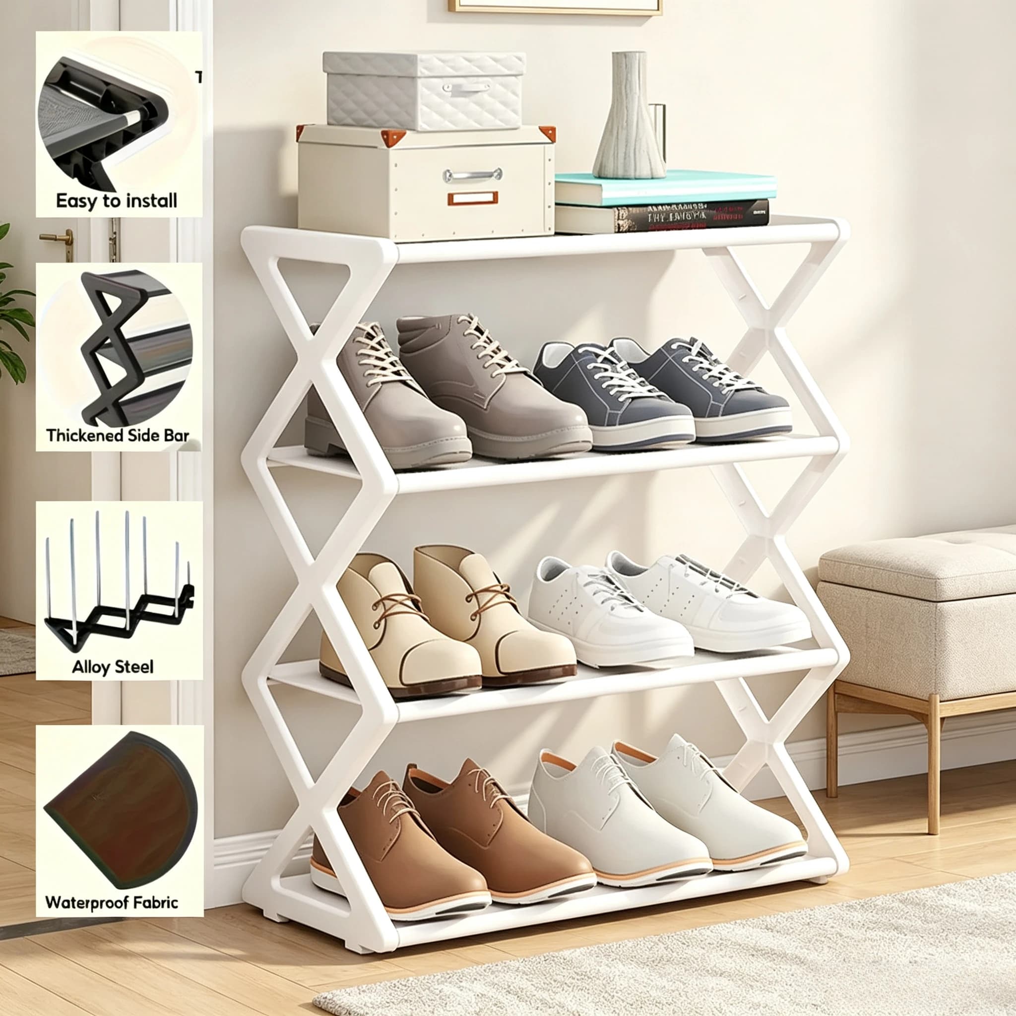 4-Tier Foldable X-Shape Shoe Rack, Space Saving Freestanding Shoe Organizer for Hallway Closet Rental Home