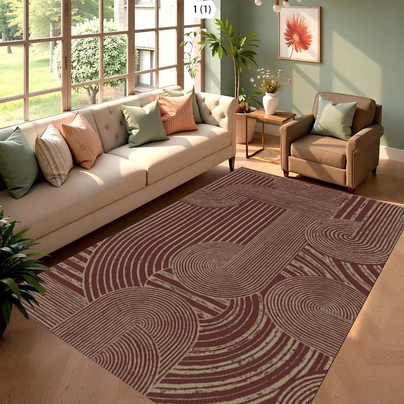 Tappeto Vintage Rosso con Motivi Geometrici Circolari, Antiscivolo e Lavabile, per Soggiorno e Studio, Idea di Arredo Lussuoso, Regalo per la Festa della Mamma