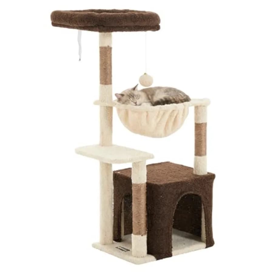 Albero per Gatti da Interno, Torre per Gatti da 100 cm con 2 Posti Morbidi per Giocare e Riposare, 1 Nascondiglio Accogliente, Giocattolo Pendente, Tiragraffi in Sisal Completo