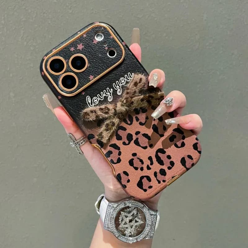Fashion Trendy Leopard Print Phone Case Plush Bow Black Brown Splicing Soft Cover for iPhone 13 14 15 16 17 Pro Max Girls Women