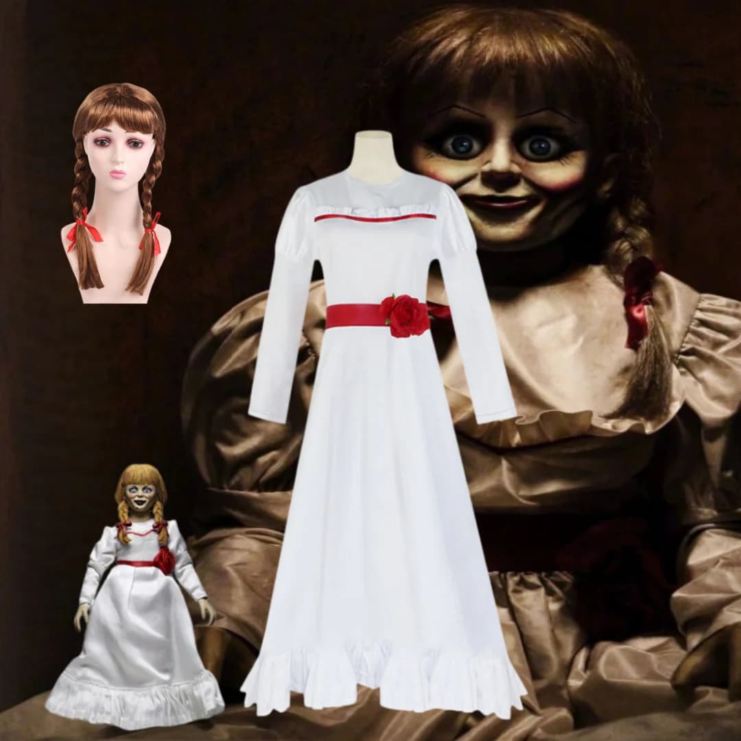 Bell female horror doll role-playing costume, white long sleeved dress with red rose belt and wig suitable for Halloween parties