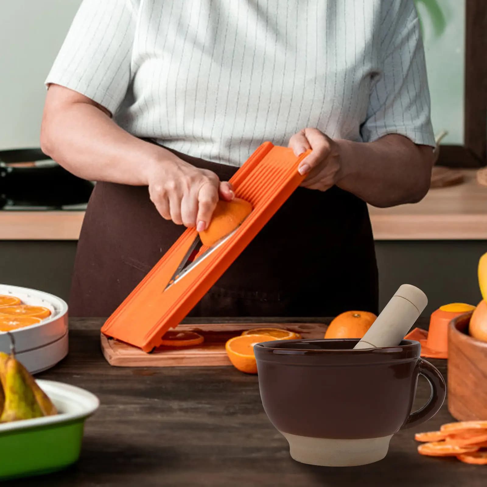 Set Premium di Mortaio e Pestello in Legno e Ceramica per Aglio, Spezie Fresche e Secche, Condimenti, Erbe Medicinali, Utensile da Cucina