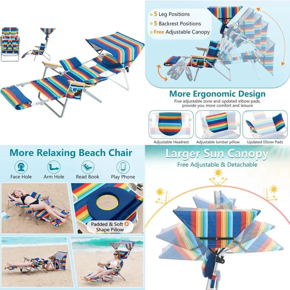 Poltrona lounge da spiaggia 4 in 1 con baldacchino, sedia abbronzante con fori per il viso e i braccioli, cuscino lombare e bracciolo in faggio per un massimo