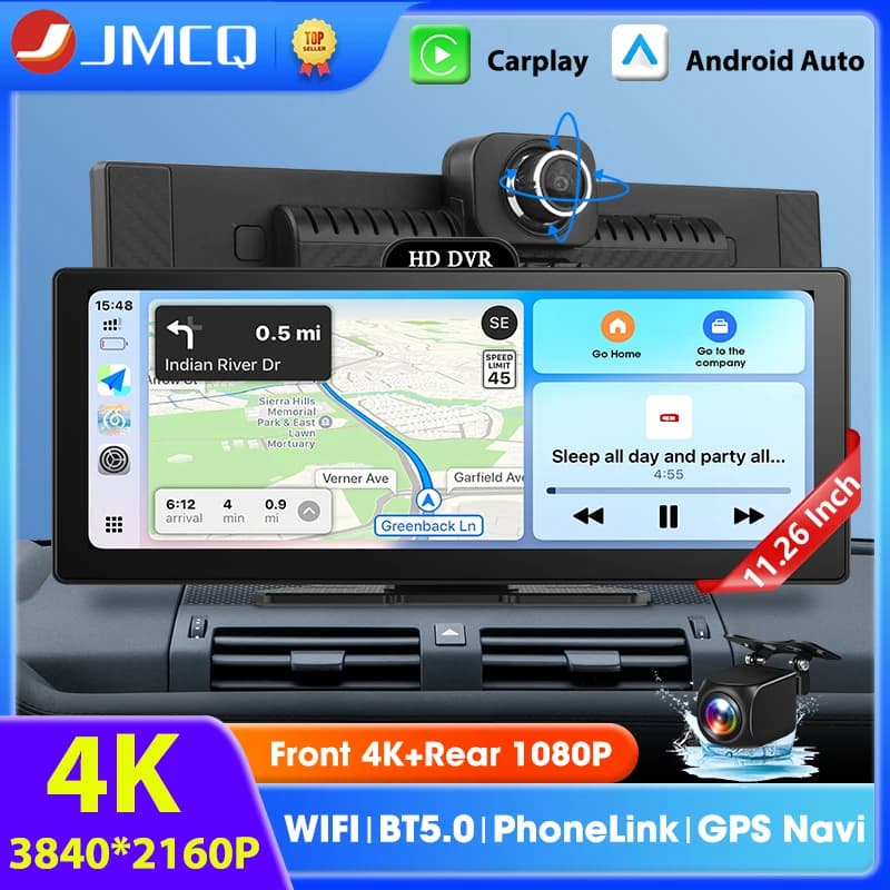 Dash Cam DVR da 11,26 pollici 4K Audio Bluetooth Wireless CarPlay e Android Auto Cruscotto Videoregistratore a doppia lente Navigazione GPS