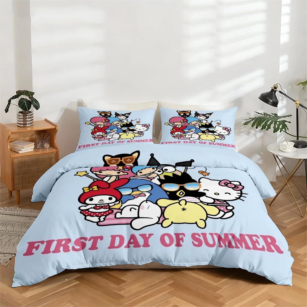 Bed linen set with digital high-definition print in 3 pieces with My Melody, Kuromi and other cartoon characters, set headdress with big pattern, includes 1 headdress + 2 pillowcase, suitable for bedroom, guest room, home decorations, duvet cover + polyester fiber pillowcase, ultra soft bed linen, thick fabric, suitable for all seasons, washing machine