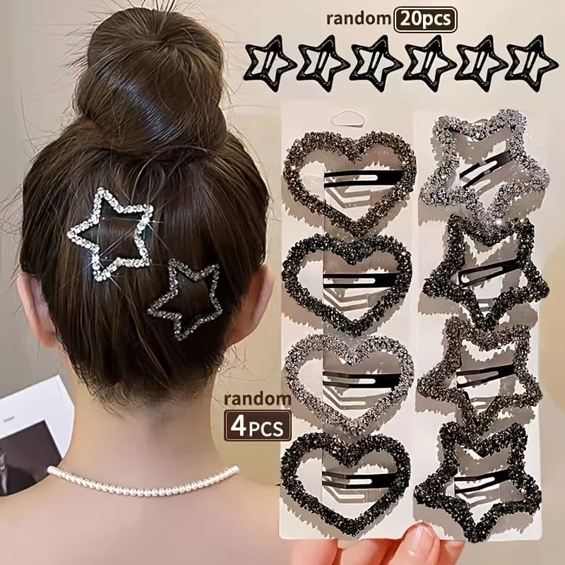24pcs Random Star and Heart Hair Clips Set - 4 Large Full-Rhinestone Hair Clips + 20 Mini Star Hair Clips, Featuring a Sweet-Coo