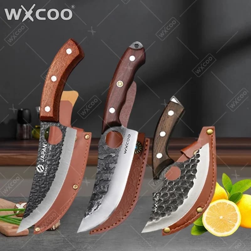 Coltello da Cucina WXCOO Forgiato a Mano con Custodia, per Disossare Carne, Agnello, Manzo, Barbecue, in Acciaio Inossidabile, Coltello da Macellaio
