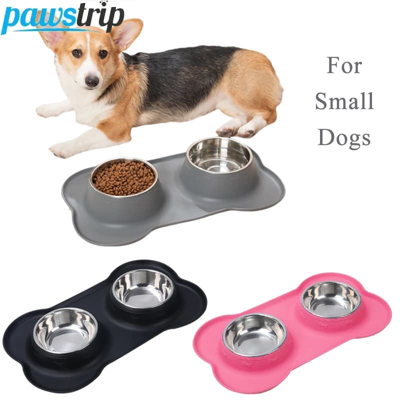 Ciotola per cani doppia antiscivolo con tappetino in silicone Durevole alimentatore per alimenti per acqua in acciaio inossidabile Ciotole per animali domestici per cani Gatti