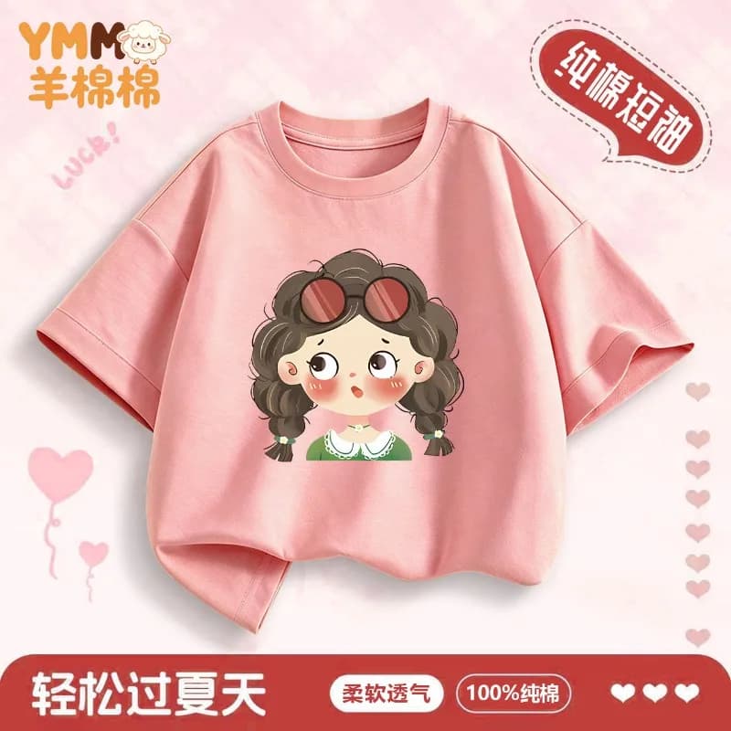Cute Cartoon Girl Printed Summer Girls' T-shirt Pure Cotton Short Sleeved 2026 New Children's Half Sleeved Parent-child Outfit