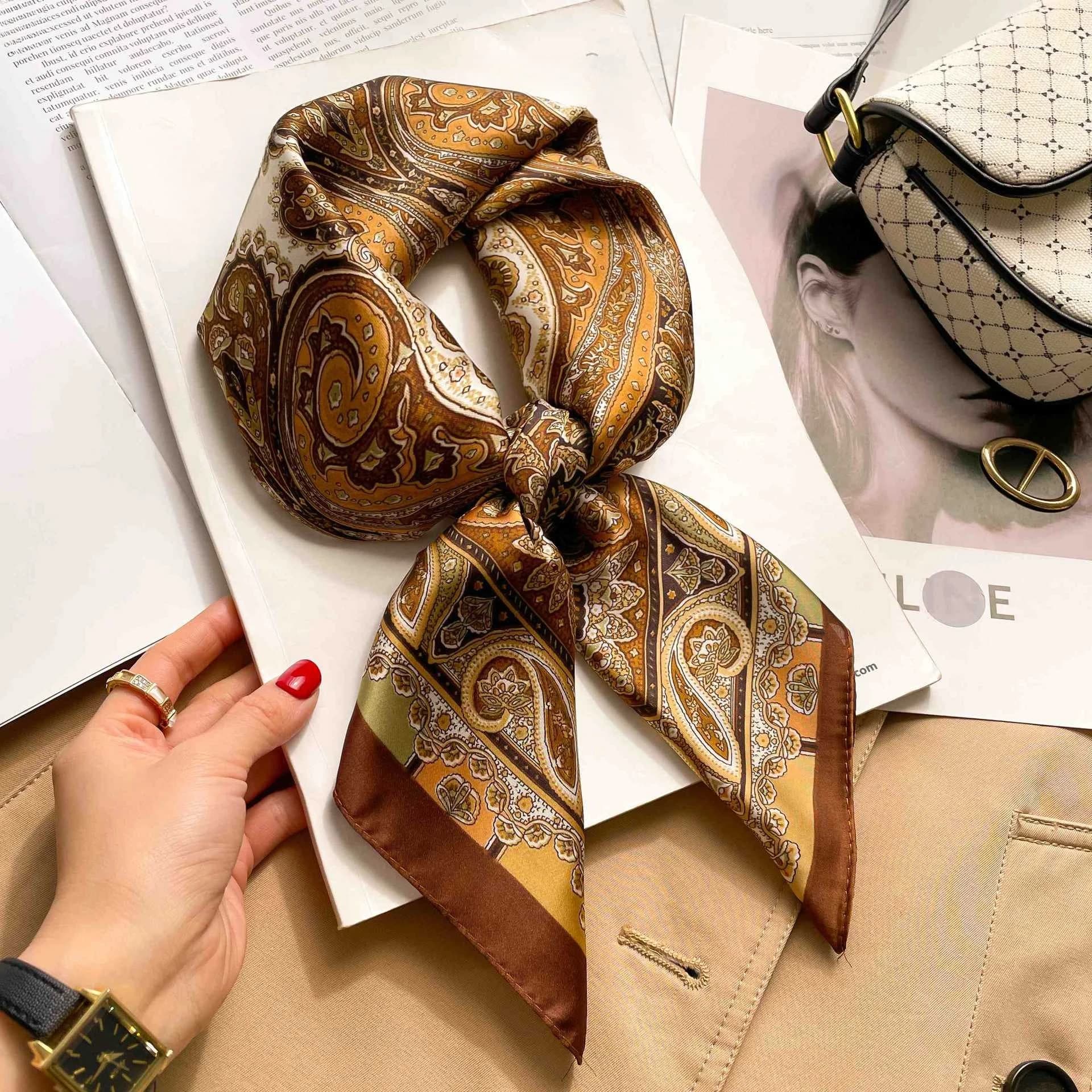 70cm Square Scarf Vintage Mixed Paisley Houndstooth Print Thin Silk Coffee Tone Sun Wrap Daily Women All Season Head Neck Kerchief