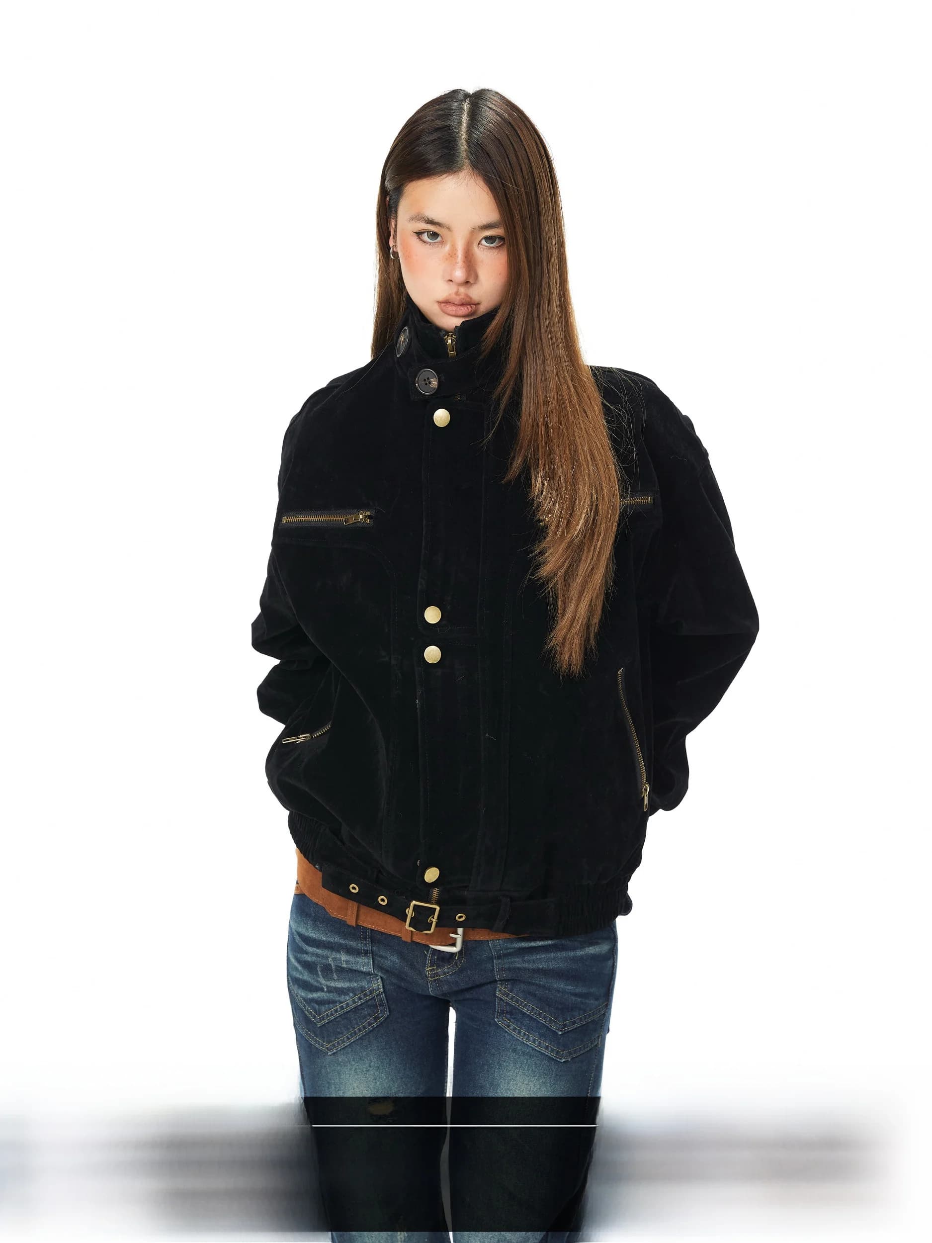 Blackbb Casual Style Zipper Decorated Suede Work Jacket Women's Spring Autumn Loose Fit Short Outerwear American High Fashion