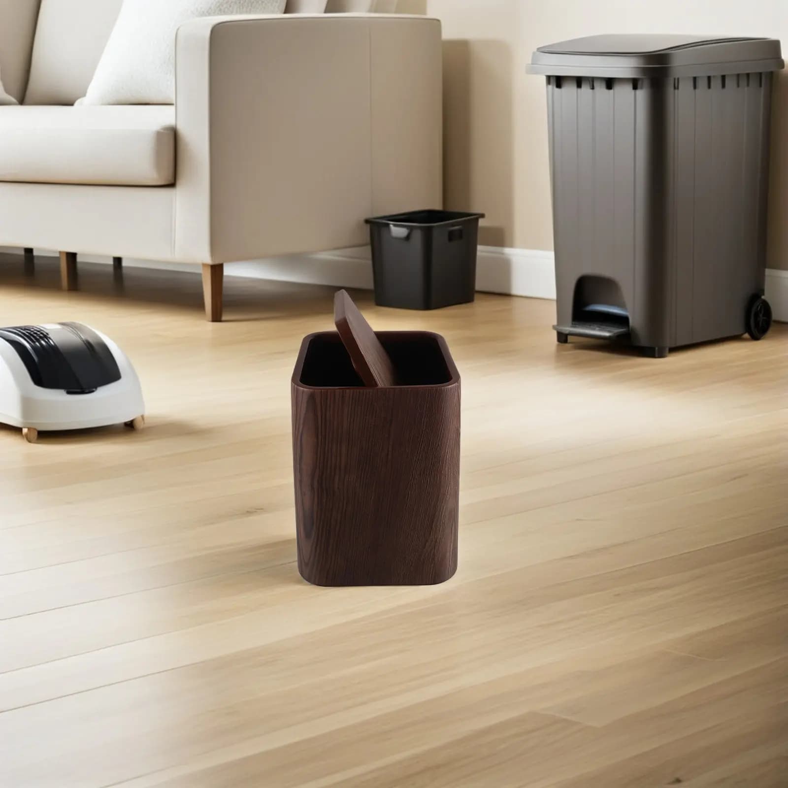 Retro Imitation Wood Grain Garbage Bin Swing Lid Stable PP Material Bathroom Bedroom Kitchen Trash Can Vintage Waste Basket