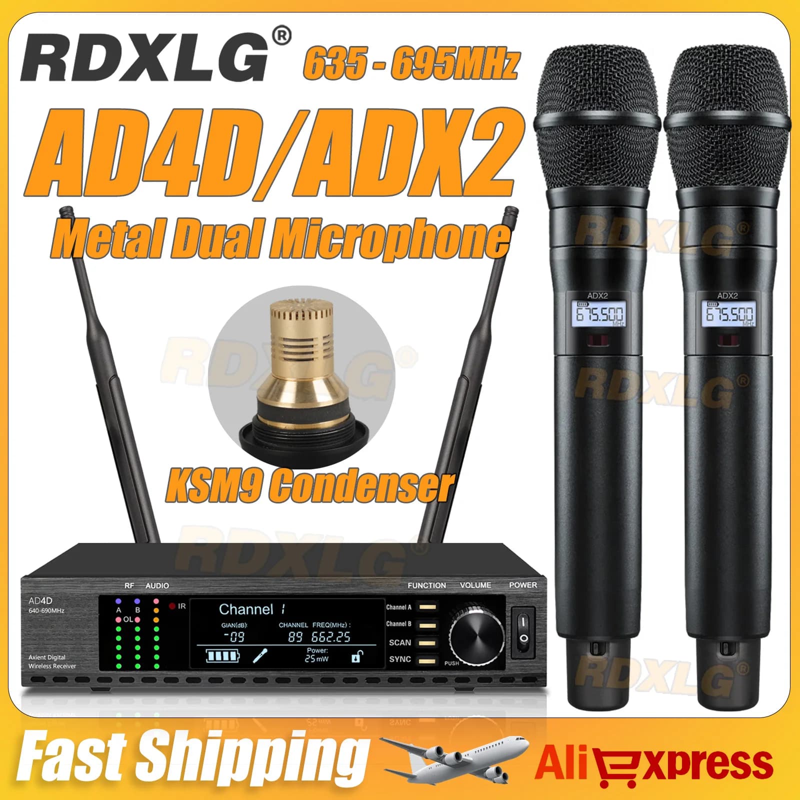 AD4D KSM9 Microfono a condensatore professionale wireless doppio, sistema True Diversity per palcoscenico, 600 MHz, 2 canali, microfono karaoke in metallo ADX2