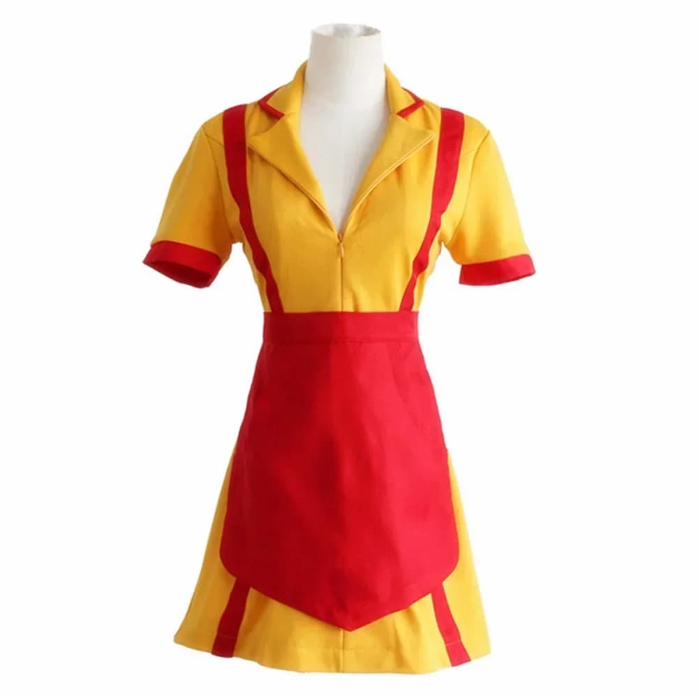 2026 Movie 2 Broke Girls Max Caroline Caroline Cosplay Costume Women Halloween Party Short Sleeve Yellow Apron Dress