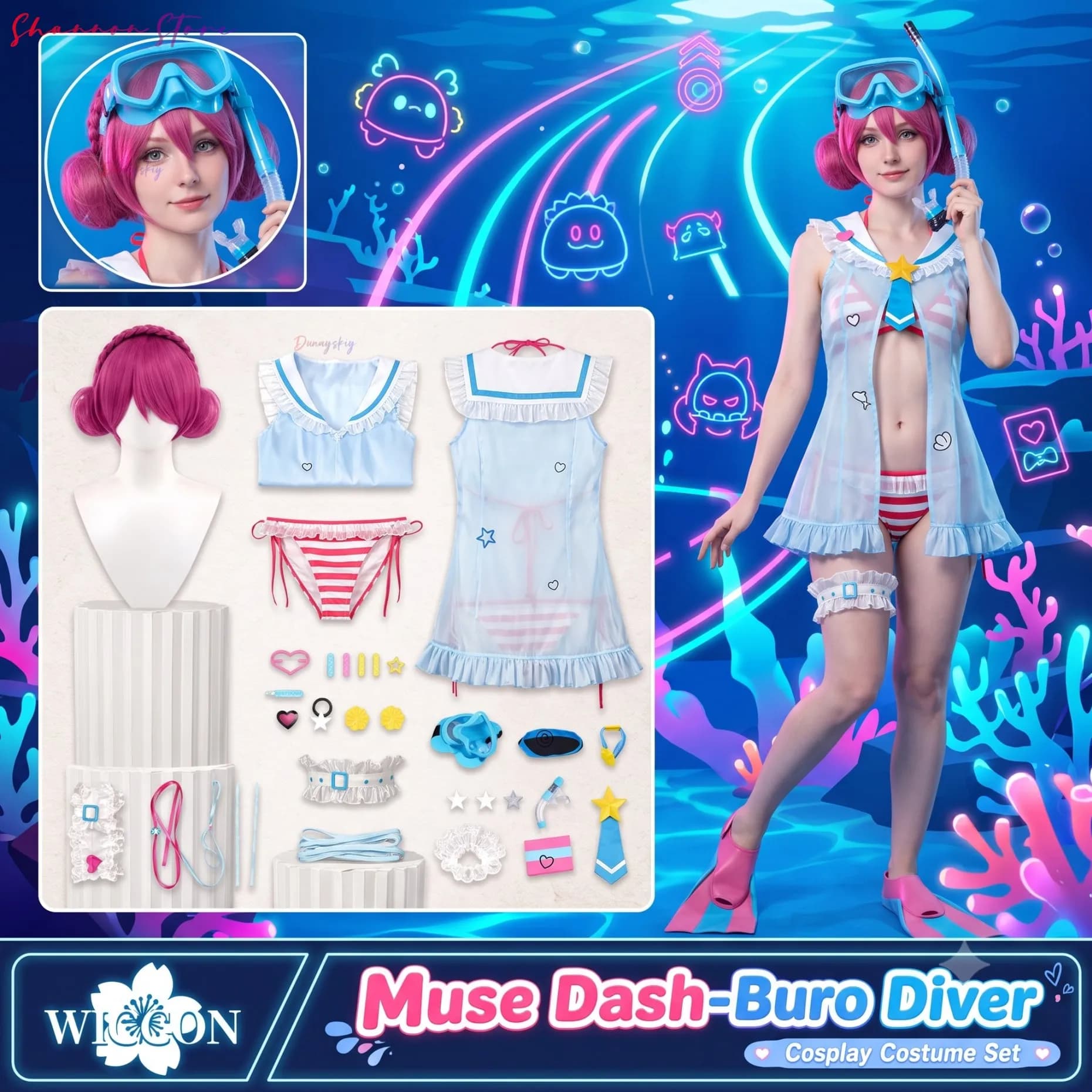 Buroro Diver Costume Summer Uniform Swimsuit Swimwear Cosplay Musese Anime Game Dashsh Kawaii Cute Bikini Pink Wigs Halloween