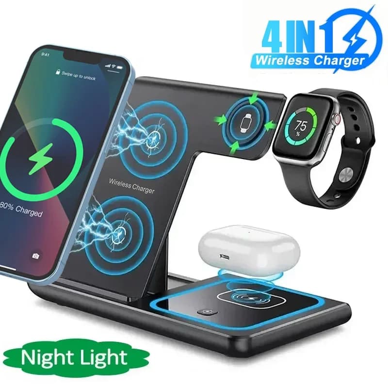 Supporto per telefono con luce a LED per caricabatterie wireless 4 in 1 per iPhone 16 15 14 13 12 Apple Watch 8 7 6 AirPods Stazione di ricarica rapida pieghevole