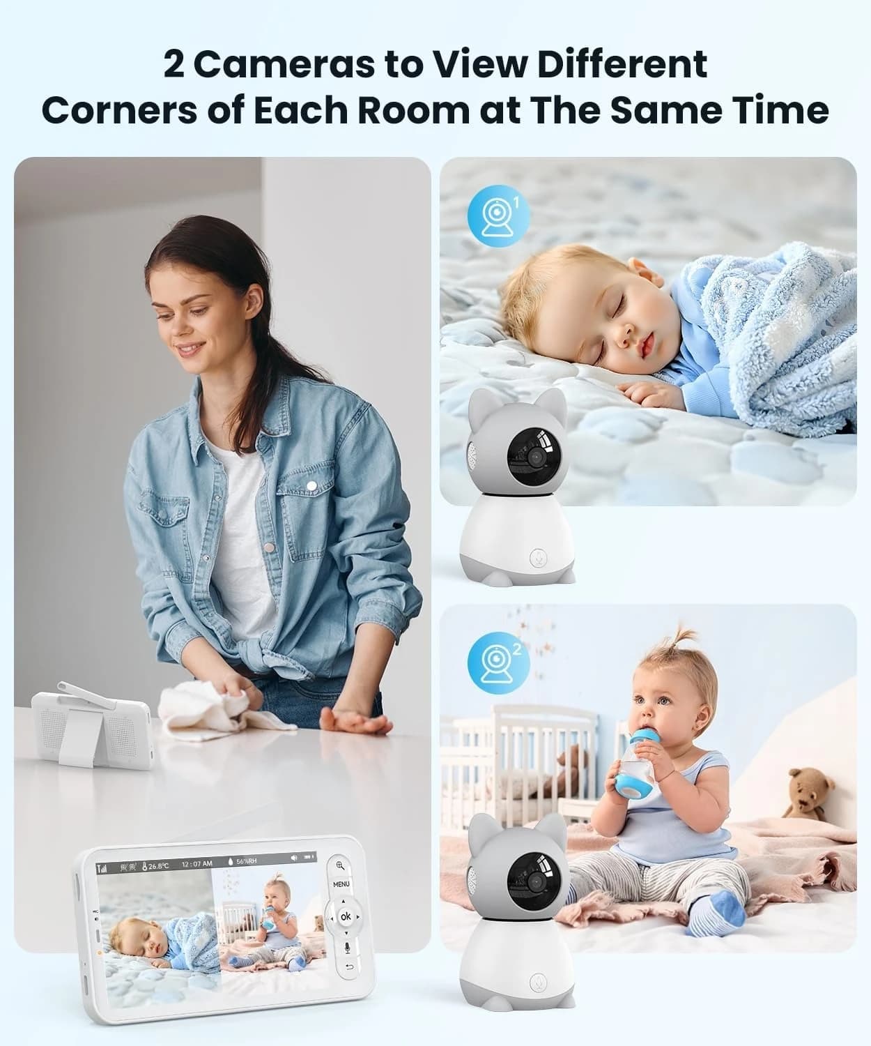 Baby monitor a schermo diviso con 2 telecamere e audio-due monitor video 2K con schermo da 5" -visione notturna, conversazione bidirezionale