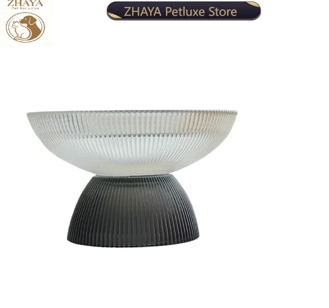 ZHAYA Pet Raised Cat Dog Bowl Easy Clean Neck Protection Single Double Water Food Dish Black White Glass Feeder