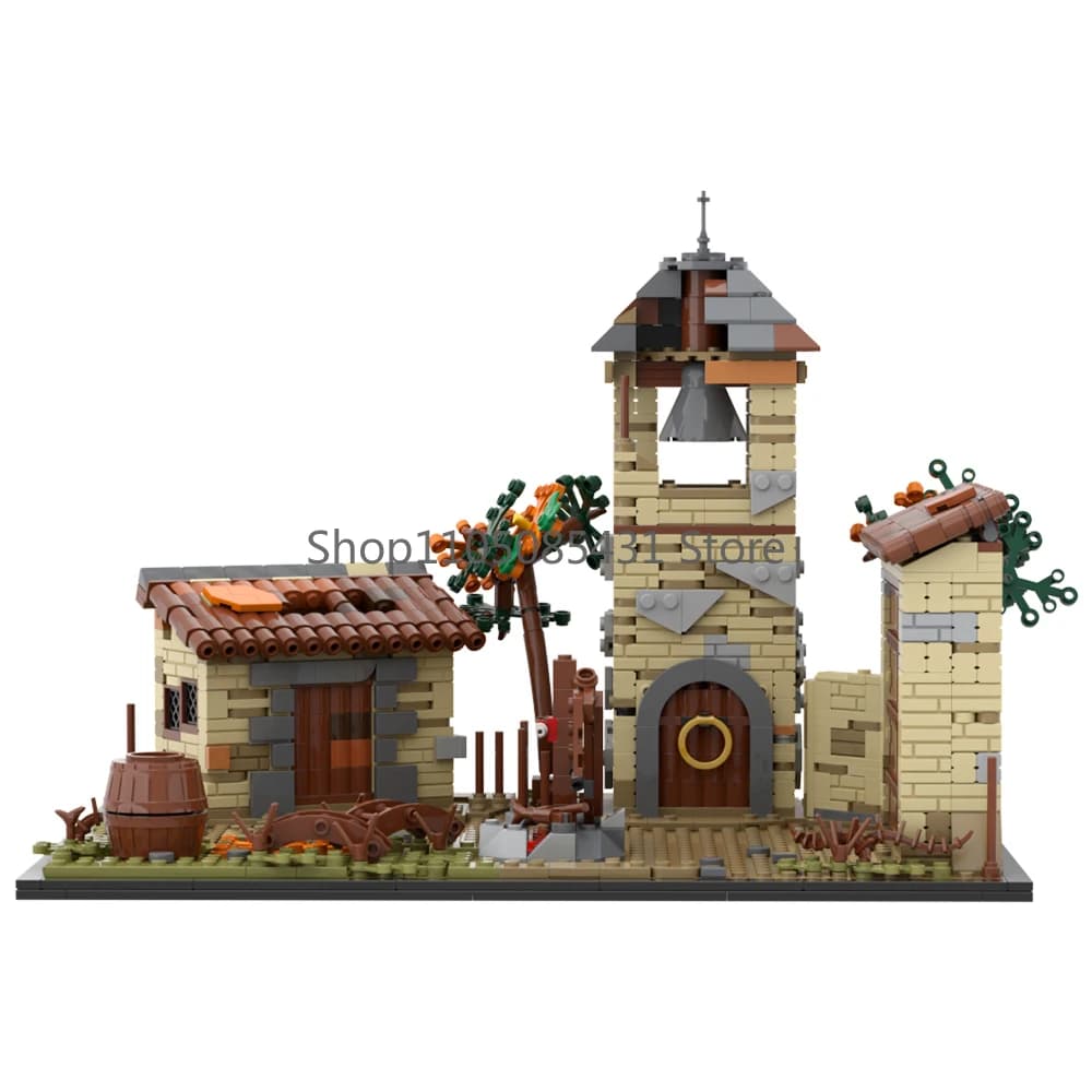Set di Blocchi da Costruzione MOC Campanile del Villaggio Medievale - Scena Rustica di Campagna con Kit Modello di Case Dettagliate