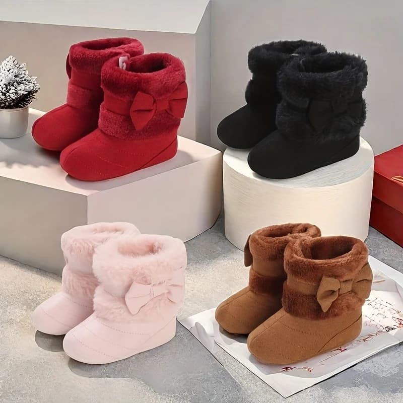 Stivali da neve per bambina 0-18 mesi Inverno caldo peluche Suola morbida antiscivolo Fiocco carino Scarpe comode per bambini