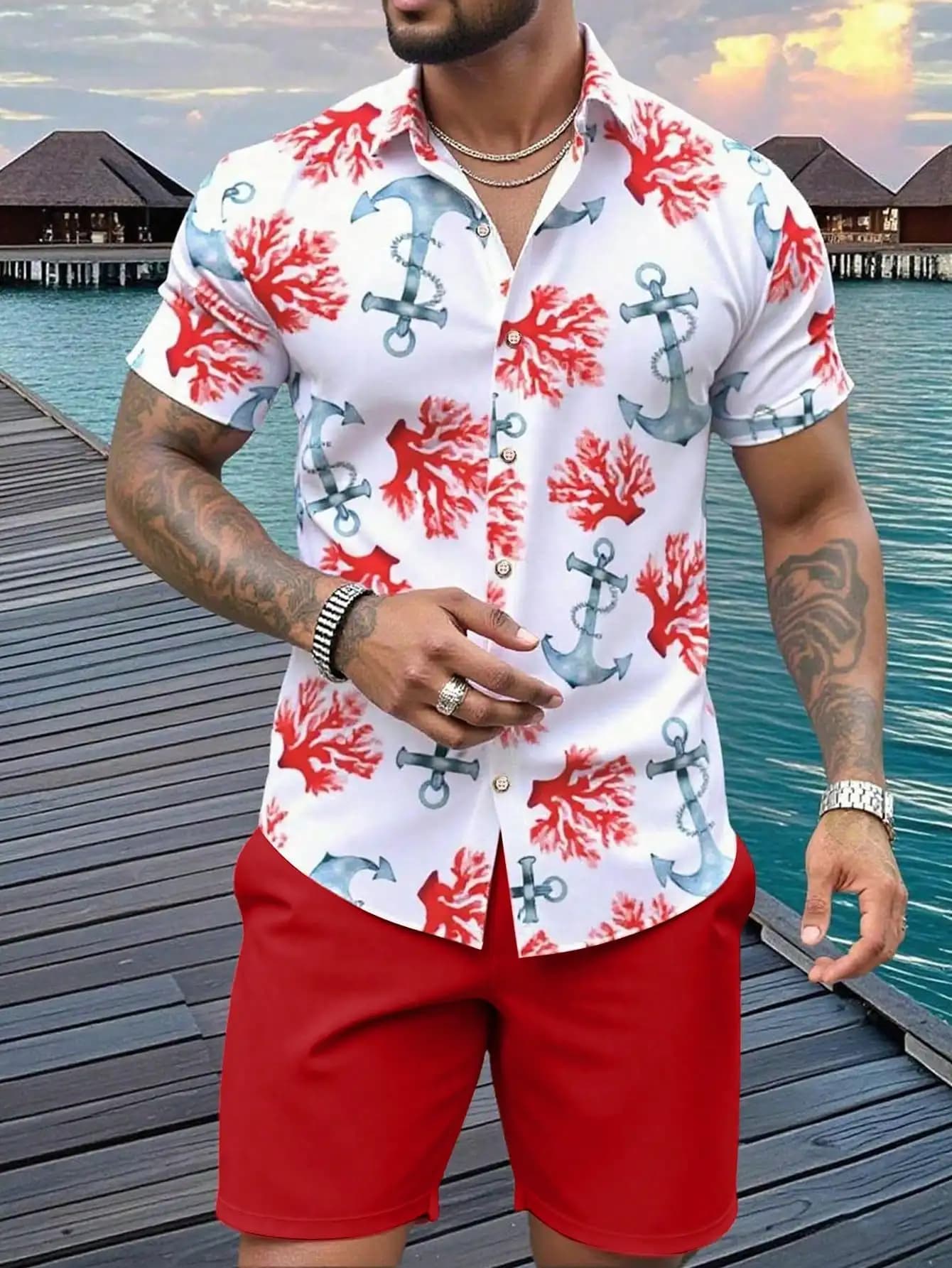 Camicia a maniche corte da uomo con motivo nautico con ancora e corallo e set di pantaloncini abbinati