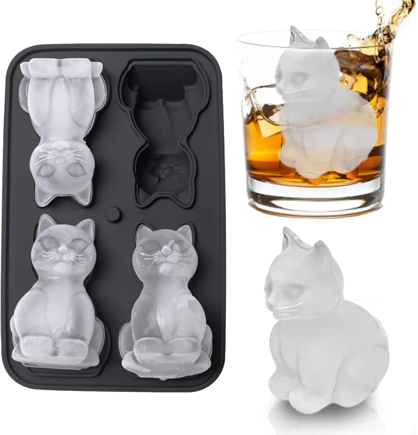 Stampo per cubetti di ghiaccio a forma di gatto 3D con imbuto per cocktail, whisky e regali divertenti - Forme carine in silicone nero