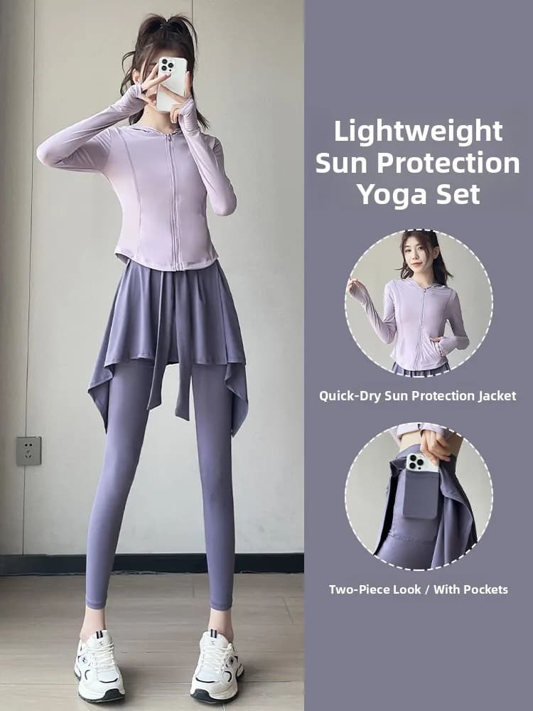 Set Sportivo da Donna per Corsa e Fitness, Asciugatura Rapida, Protezione Solare, Abbigliamento Yoga, Felpa con Cappuccio a Maniche Lunghe, Cardigan, Gonna e Pantaloni