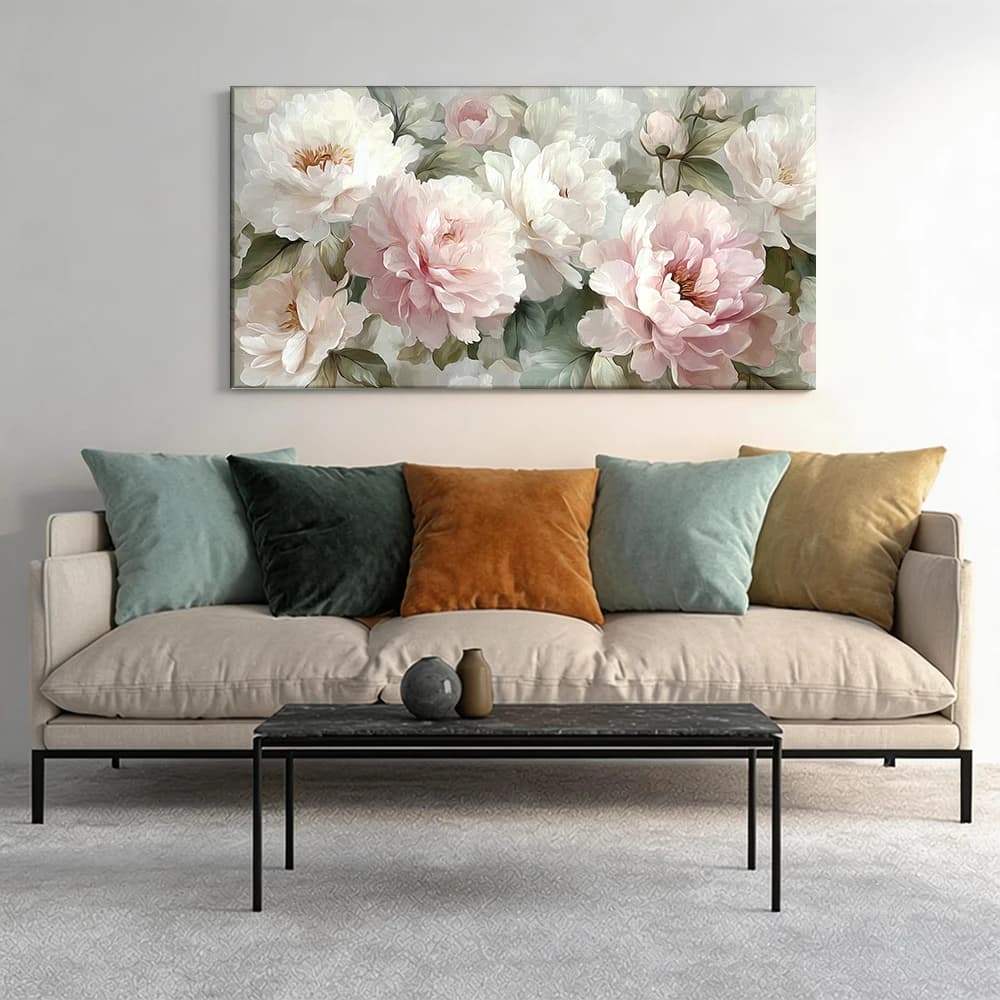 Painted on canvas with large wooden frame, 1 piece, painted with peony flowers, light pink.