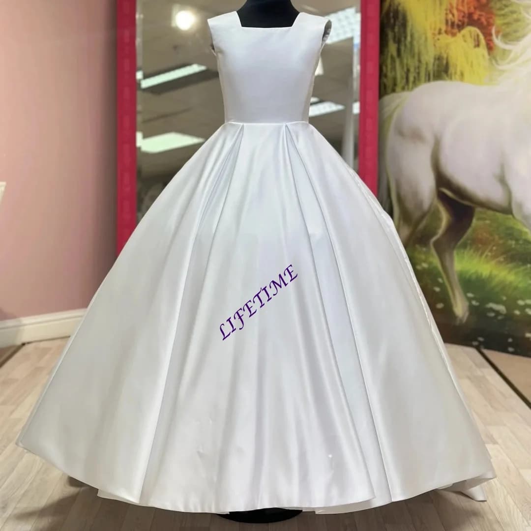 Elegante Abito da Damigella in Raso per Matrimonio, Collo Quadrato, Lunghezza a Terra, per Feste di Compleanno, Prima Comunione, Cerimonie, Personalizzabile