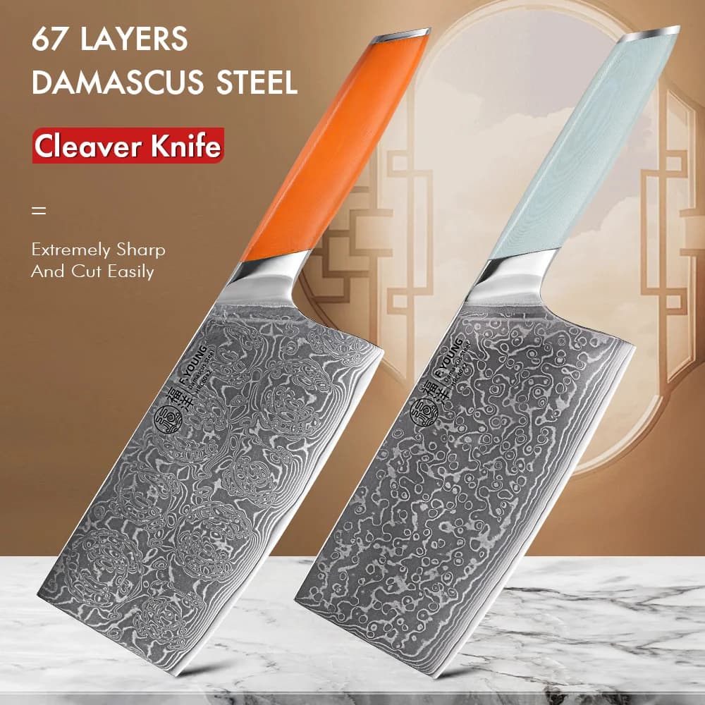 F.YOUNG Coltello da Cucina Cinese 7 Pollici in Acciaio Damascato a 67 Strati per Affettare Verdure e Carne, Accessorio da Cucina