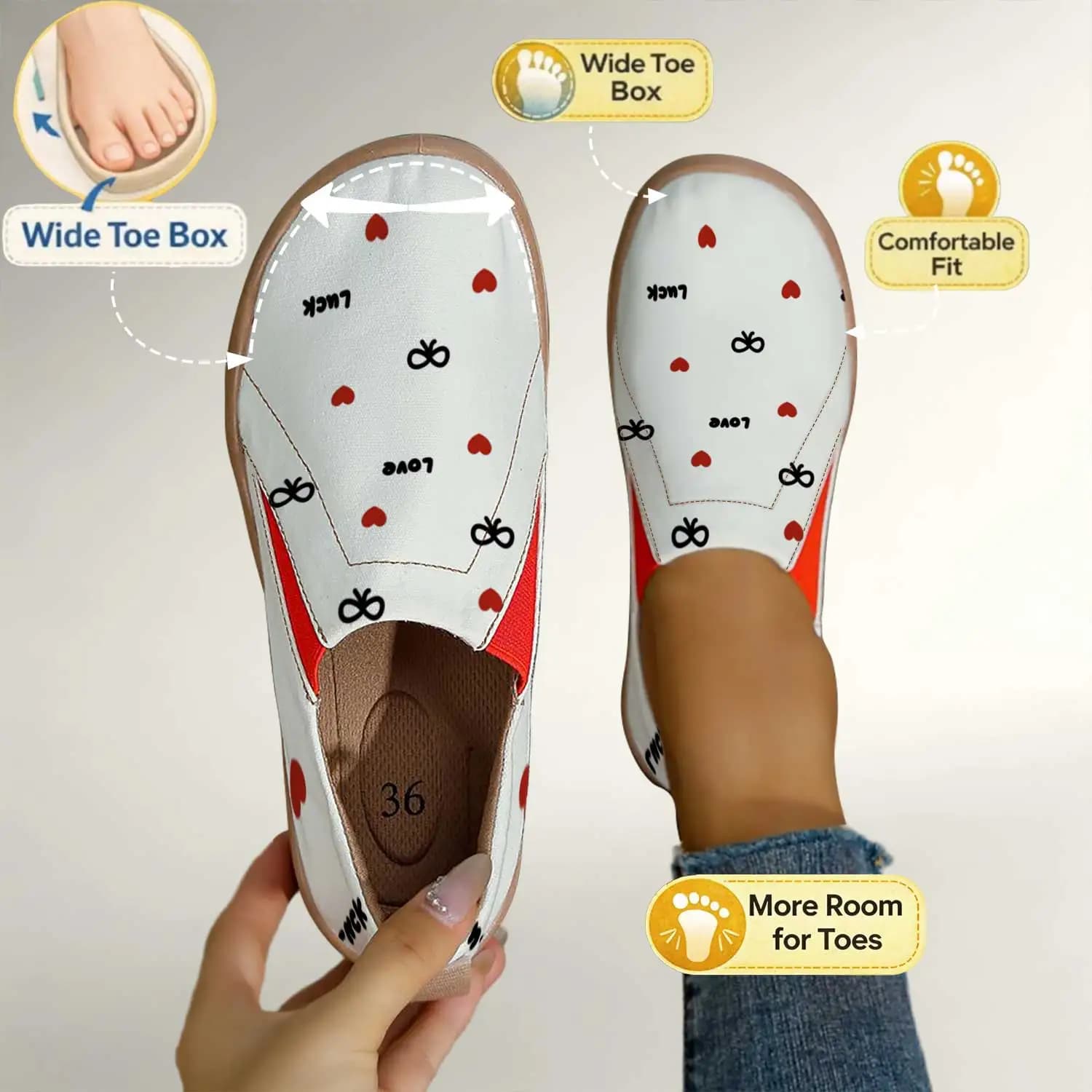 Scarpe Slip-On a Forma di Cuore con Stampa Fiocco per Donne, Mocassini con Suola Morbida, Scarpe Casual a Punta Larga per Mamme