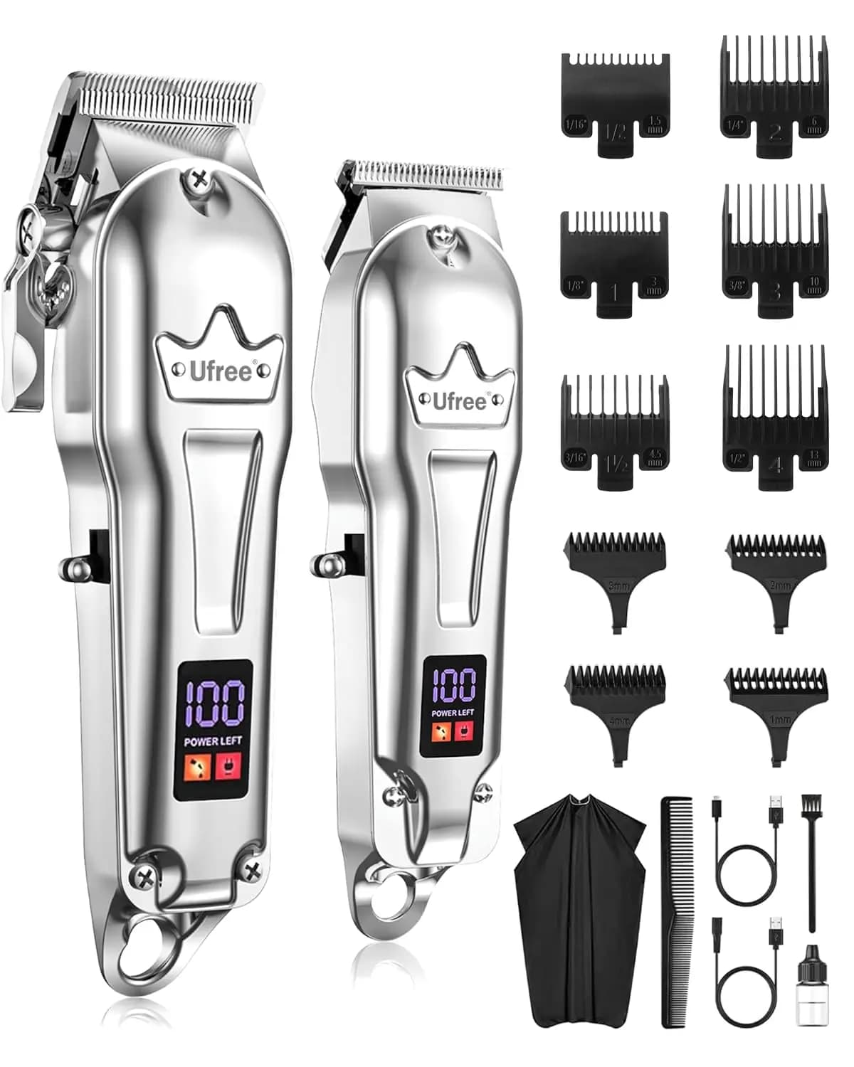 Set Professionale di Tosatrici e Regolabarba Senza Fili con Display LED, 6 Pettini, Regolabarba - Argento