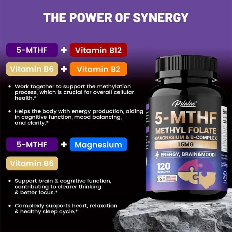 5-MTHF methylfolate supplement: improves memory, concentration and clarity, increases cognitive function, energy, support for brain and mood S