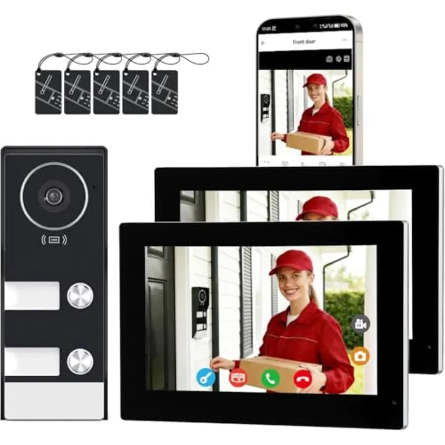 House Video Intercom System for 2 Families: Wired 1080P Doorbell with Dual 7-inch Touch Screens, WiFi 6 Remote App Unlock, RFID