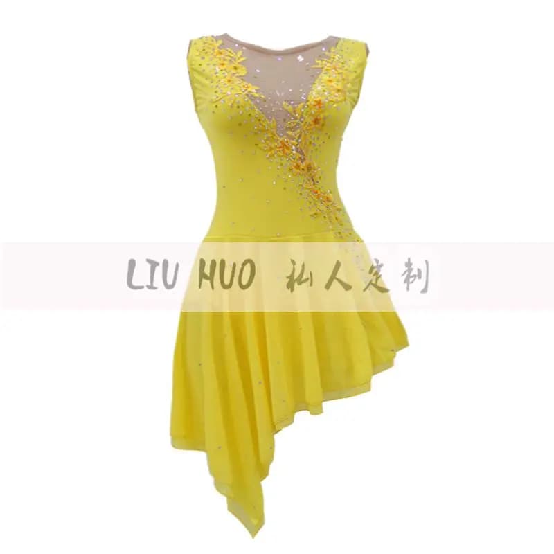 LIUHUO Vestito da Pattinaggio di Figura da Donna per Ragazze Prestazioni sul Ghiaccio Giallo Senza Maniche Ginnastica Ritmica Concorso Body Roller Kid
