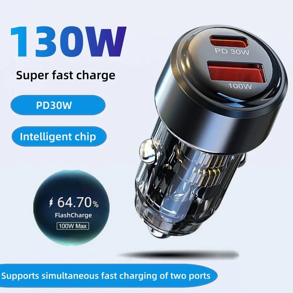 Mini Car Charger 130W QC3.0 PD Quick Charging USB Type C Quick Charging for iPhone 16 17 Huawei Samsung Xiaomi Car Phone Adapter