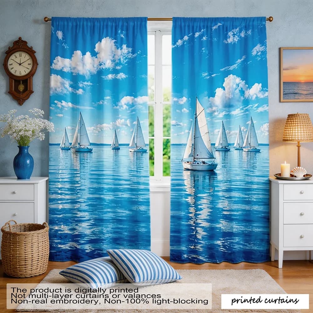 2pcs Sailboat Ocean Curtains Blue Sea Sailing Boat Window Drapes Nautical Coastal Scenery Decor for Living Room Bedroom